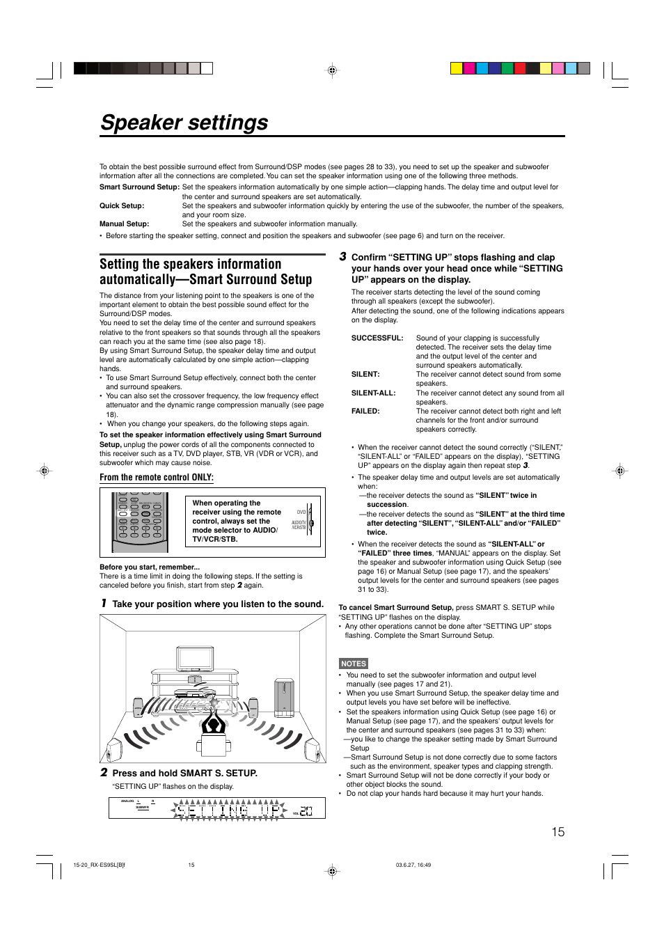 Speaker settings, Take your position where you listen to the sound, Press and hold smart s. setup | JVC RX-ES9SL User Manual | Page 19 / 45