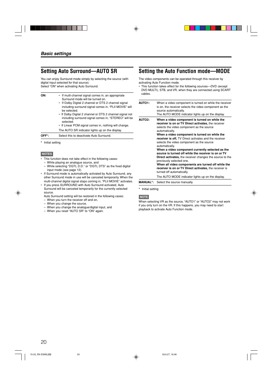 Setting auto surround—auto sr, Setting the auto function mode—mode, Basic settings | JVC RX-ES9SL User Manual | Page 24 / 45