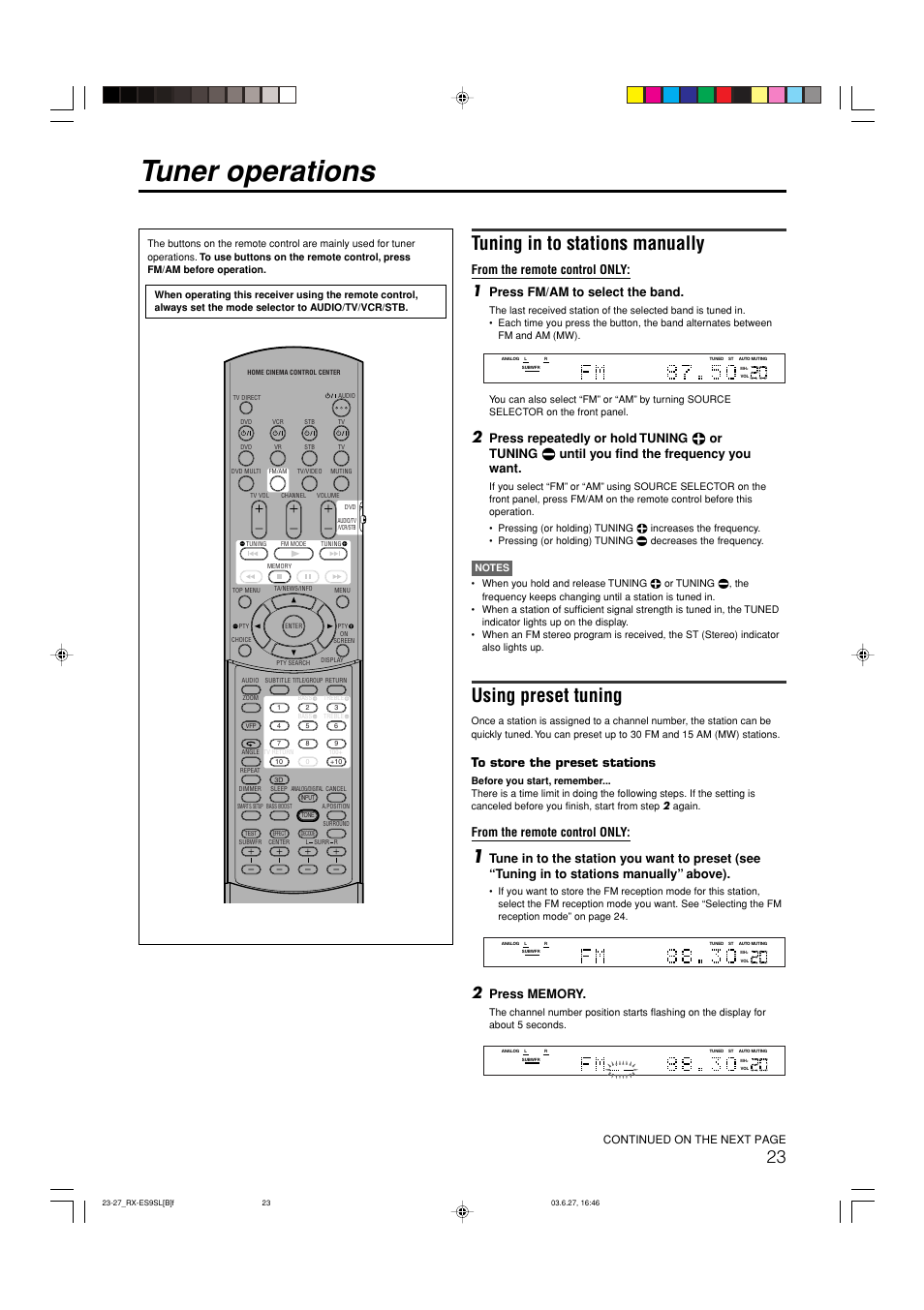 Tuner operations, Tuning in to stations manually, Using preset tuning | Press fm/am to select the band, Continued on the next page | JVC RX-ES9SL User Manual | Page 27 / 45