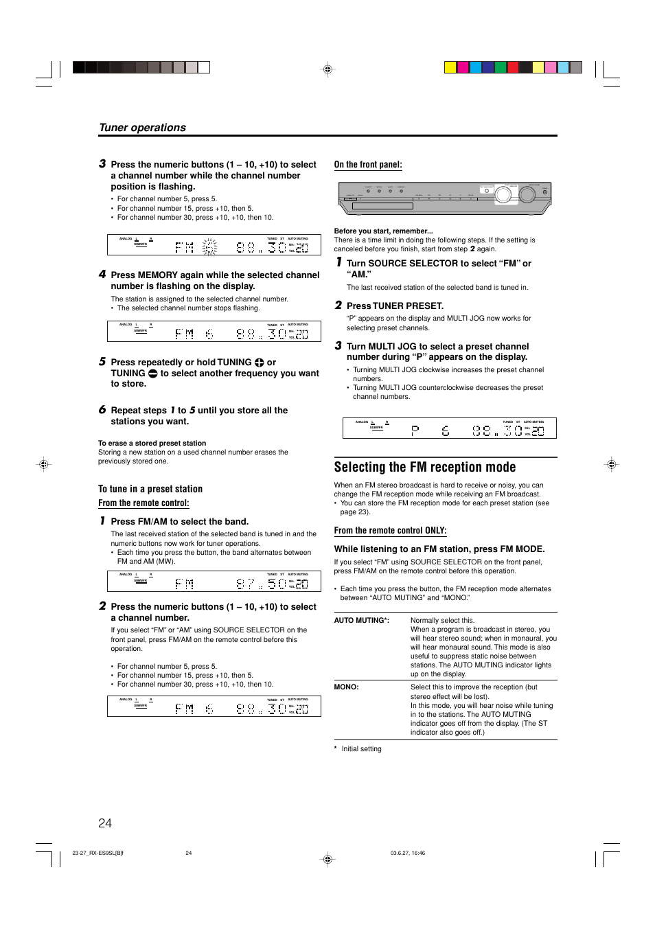 Selecting the fm reception mode, Tuner operations, Press fm/am to select the band | On the front panel, Turn source selector to select “fm” or “am, Press tuner preset | JVC RX-ES9SL User Manual | Page 28 / 45