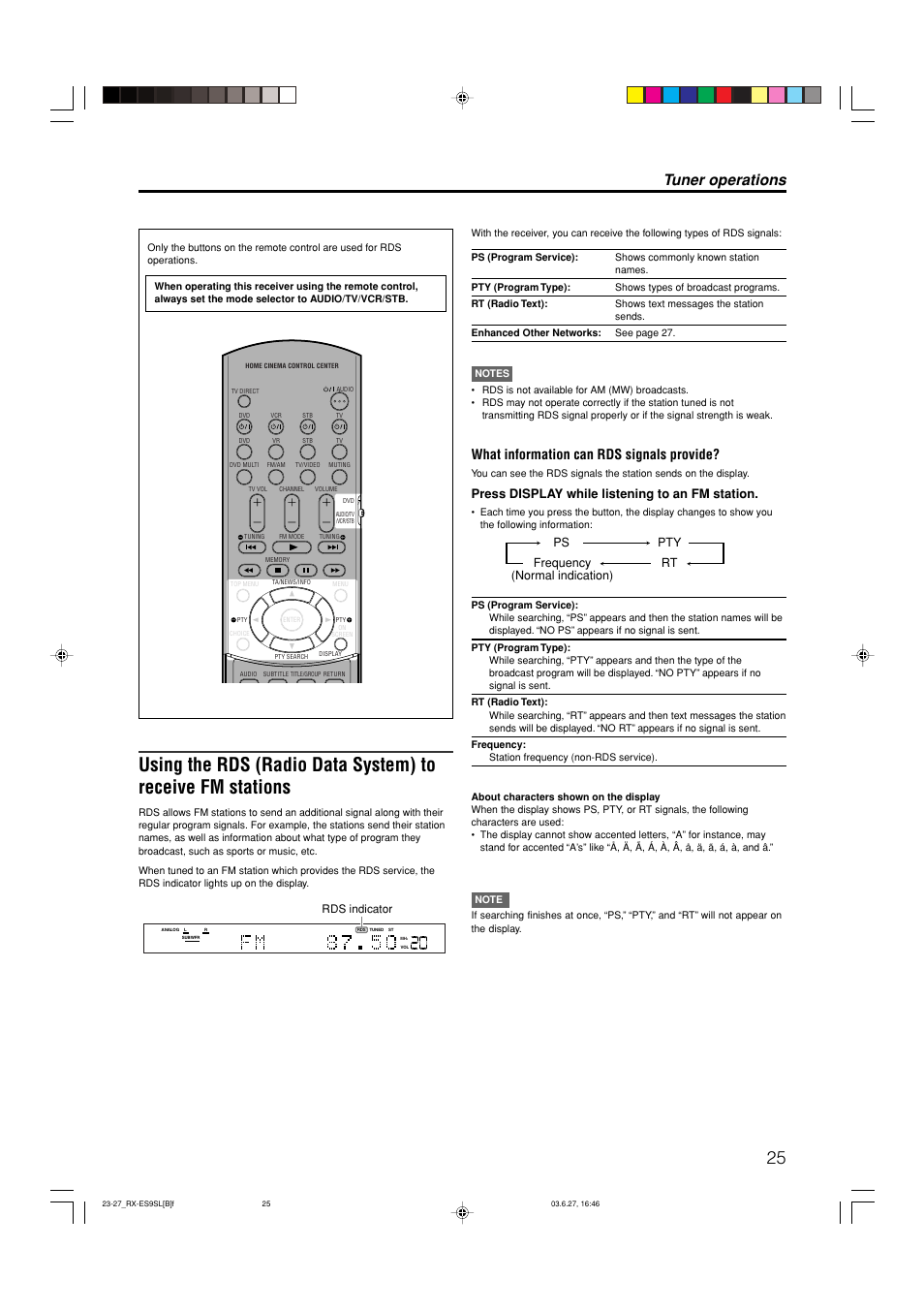 Tuner operations, What information can rds signals provide, Press display while listening to an fm station | Ps pty rt frequency (normal indication) | JVC RX-ES9SL User Manual | Page 29 / 45