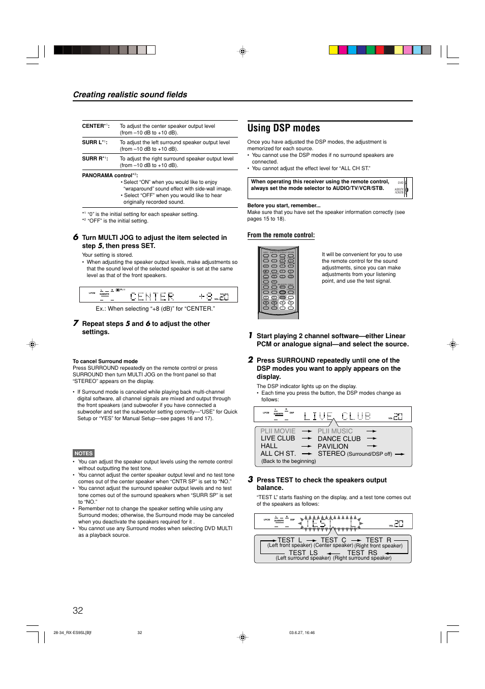 Using dsp modes, Creating realistic sound fields, Press test to check the speakers output balance | Repeat steps 5 and 6 to adjust the other settings, Plii movie plii music stereo, Live club pavilion hall dance club all ch st, Test l, Test c, Test r, Test ls | JVC RX-ES9SL User Manual | Page 36 / 45