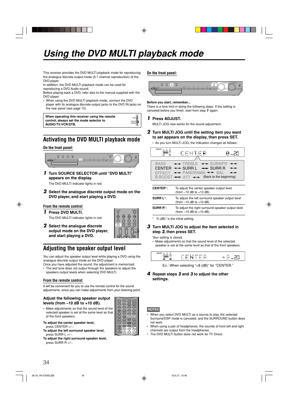 Using the dvd multi playback mode, Activating the dvd multi playback mode, Adjusting the speaker output level | On the front panel, Press dvd multi, Bass treble panorama b.boost att, Press adjust, Repeat steps 2 and 3 to adjust the other settings | JVC RX-ES9SL User Manual | Page 38 / 45