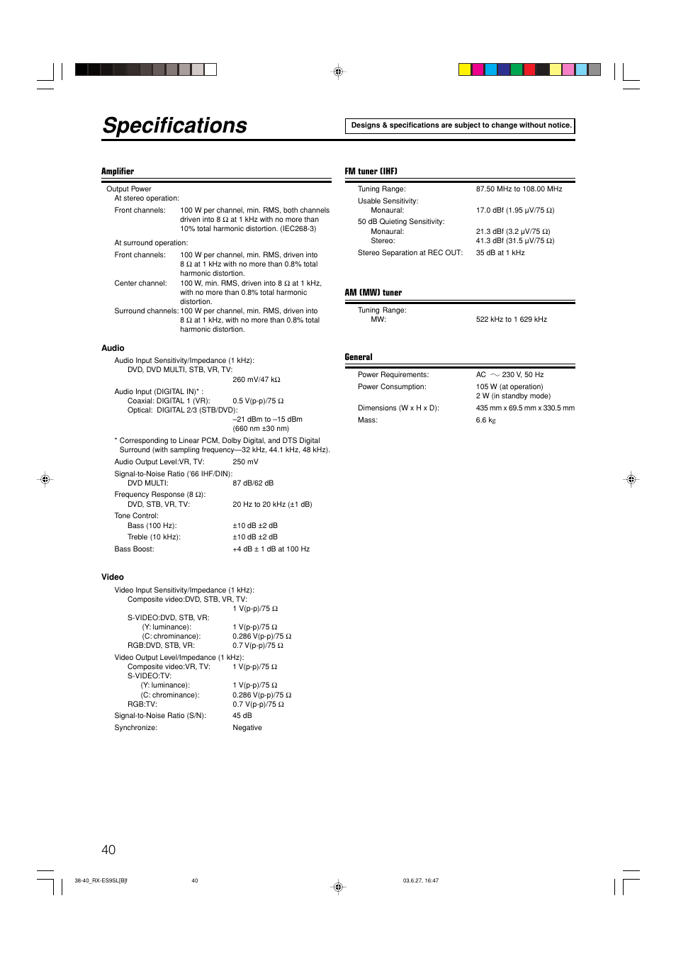 Specifications | JVC RX-ES9SL User Manual | Page 44 / 45
