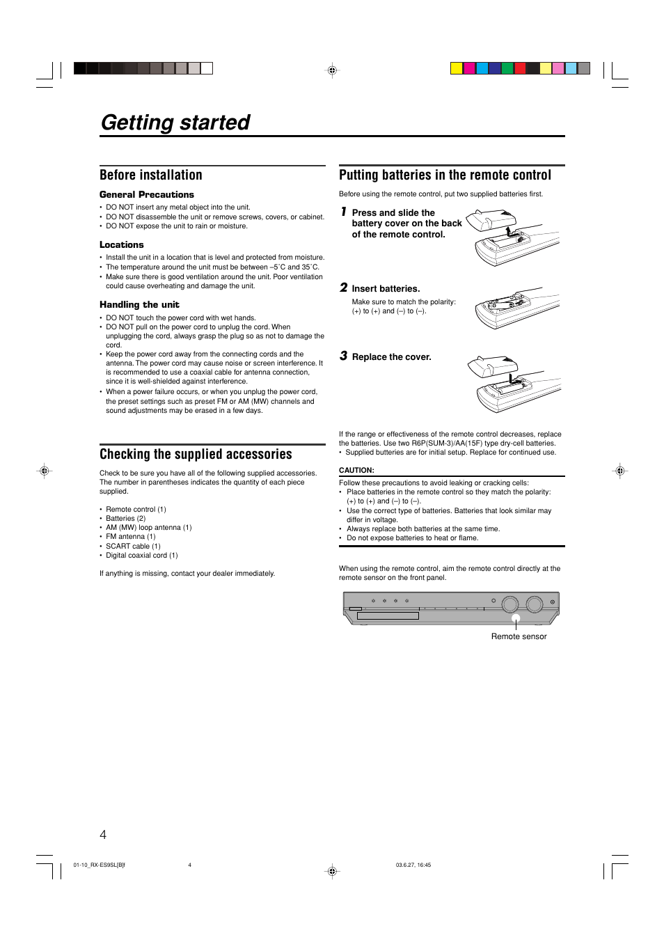 Getting started, Putting batteries in the remote control, Before installation | Checking the supplied accessories | JVC RX-ES9SL User Manual | Page 8 / 45