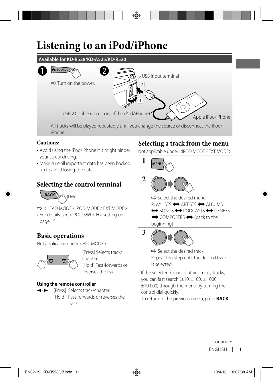 Listening to an ipod/iphone, Selecting the control terminal, Basic operations | Selecting a track from the menu | JVC 0910DTSMDTJEIN User Manual | Page 11 / 55