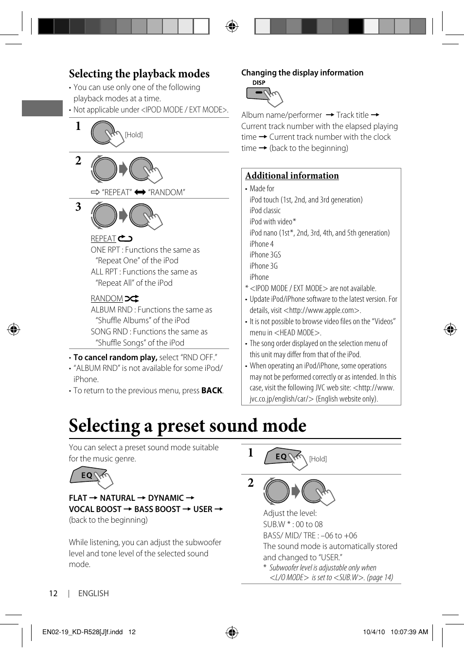 Selecting a preset sound mode, Selecting the playback modes | JVC 0910DTSMDTJEIN User Manual | Page 12 / 55