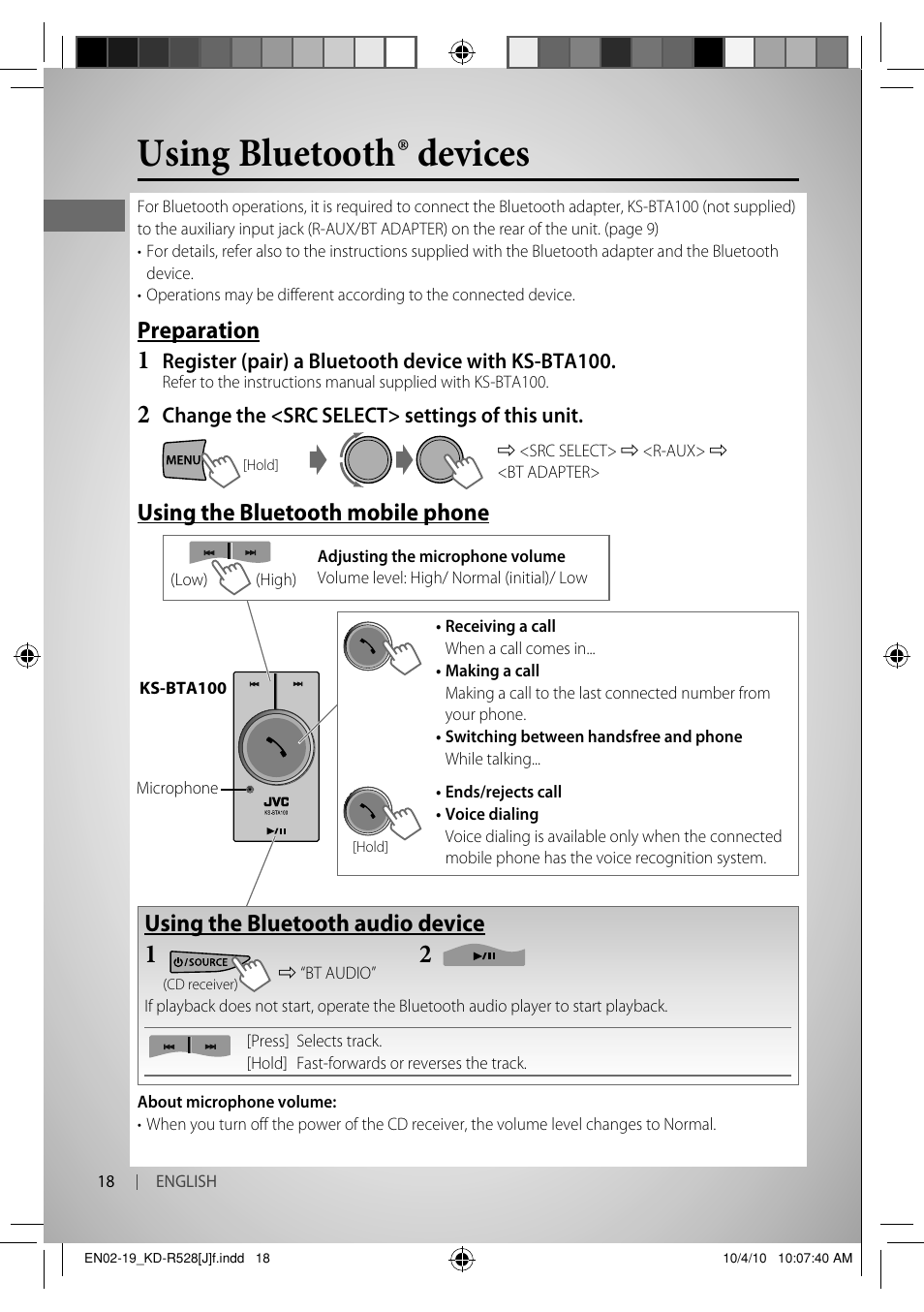 Using bluetooth ® devices, Preparation, Using the bluetooth mobile phone | Using the bluetooth audio device | JVC 0910DTSMDTJEIN User Manual | Page 18 / 55