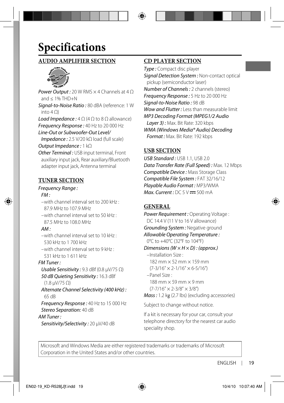 Specifications | JVC 0910DTSMDTJEIN User Manual | Page 19 / 55