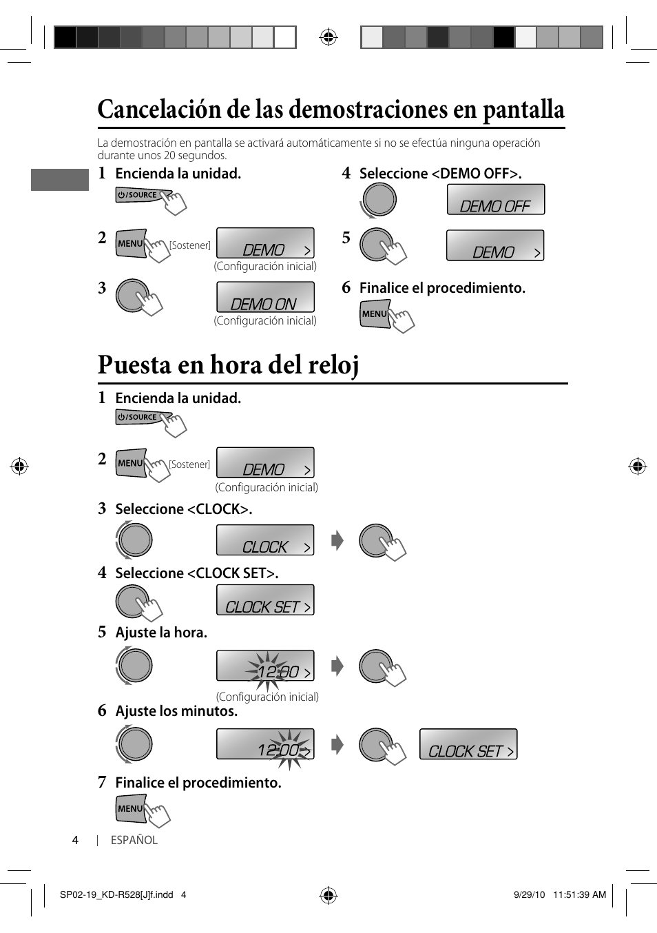 Puesta en hora del reloj, Cancelación de las demostraciones en pantalla | JVC 0910DTSMDTJEIN User Manual | Page 22 / 55