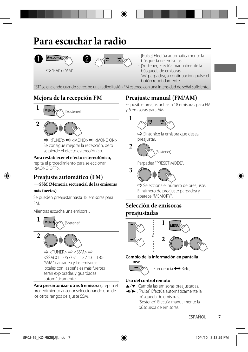 Para escuchar la radio, Mejora de la recepción fm, Preajuste automático (fm) | Preajuste manual (fm/am), Selección de emisoras preajustadas | JVC 0910DTSMDTJEIN User Manual | Page 25 / 55