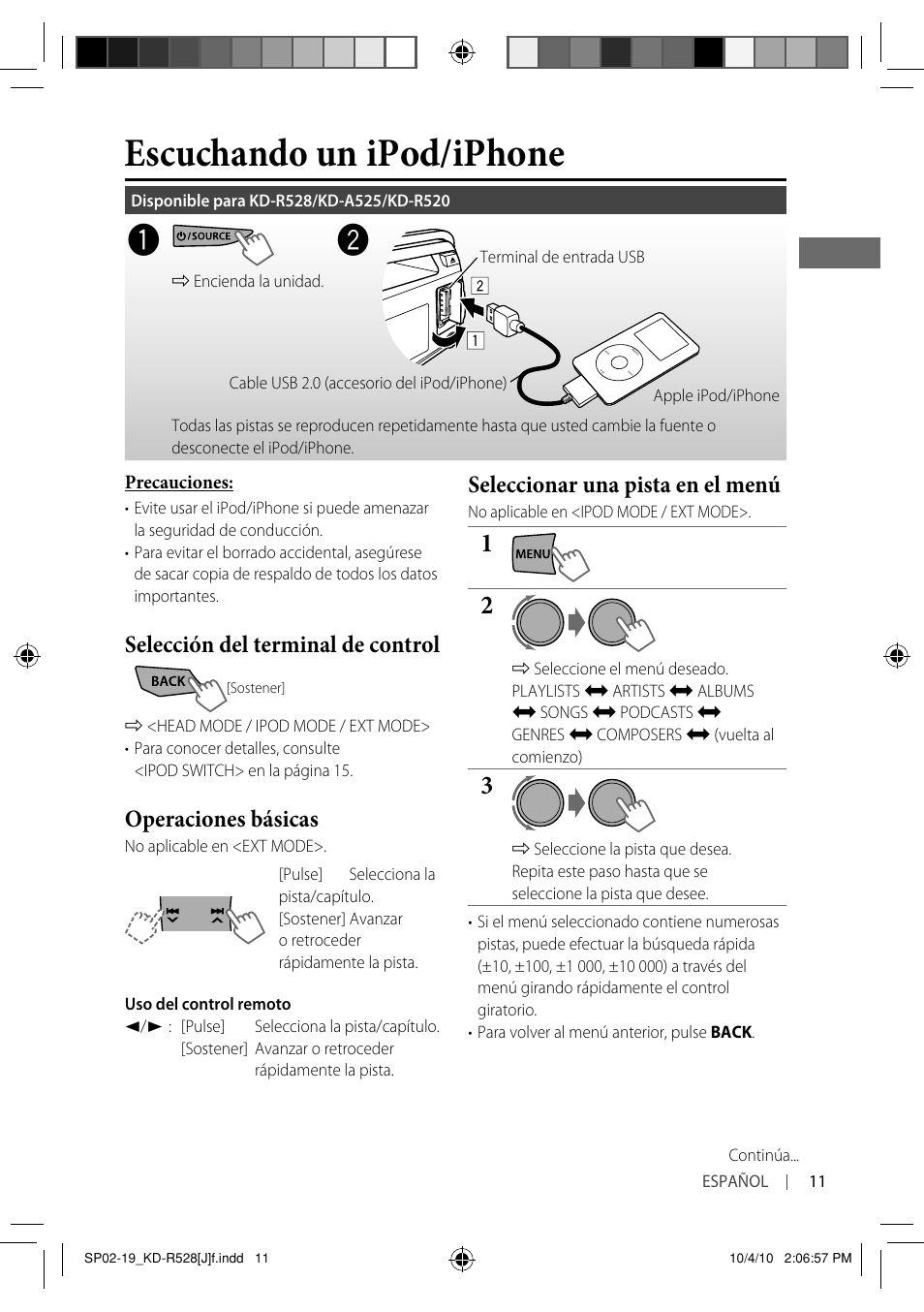 Escuchando un ipod/iphone, Selección del terminal de control, Operaciones básicas | Seleccionar una pista en el menú | JVC 0910DTSMDTJEIN User Manual | Page 29 / 55
