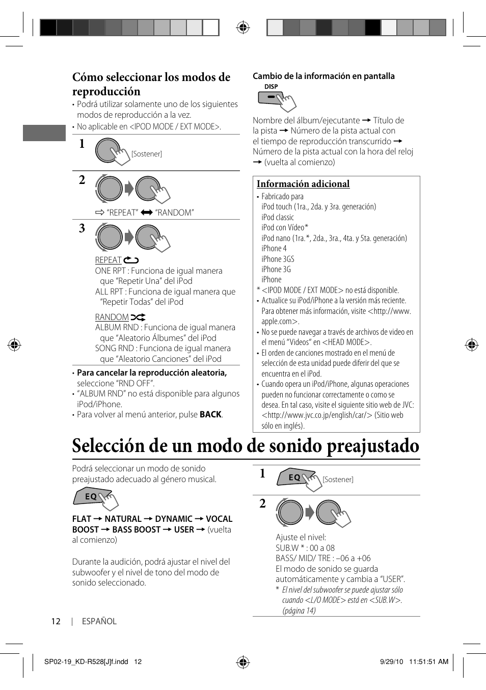Selección de un modo de sonido preajustado, Cómo seleccionar los modos de reproducción | JVC 0910DTSMDTJEIN User Manual | Page 30 / 55