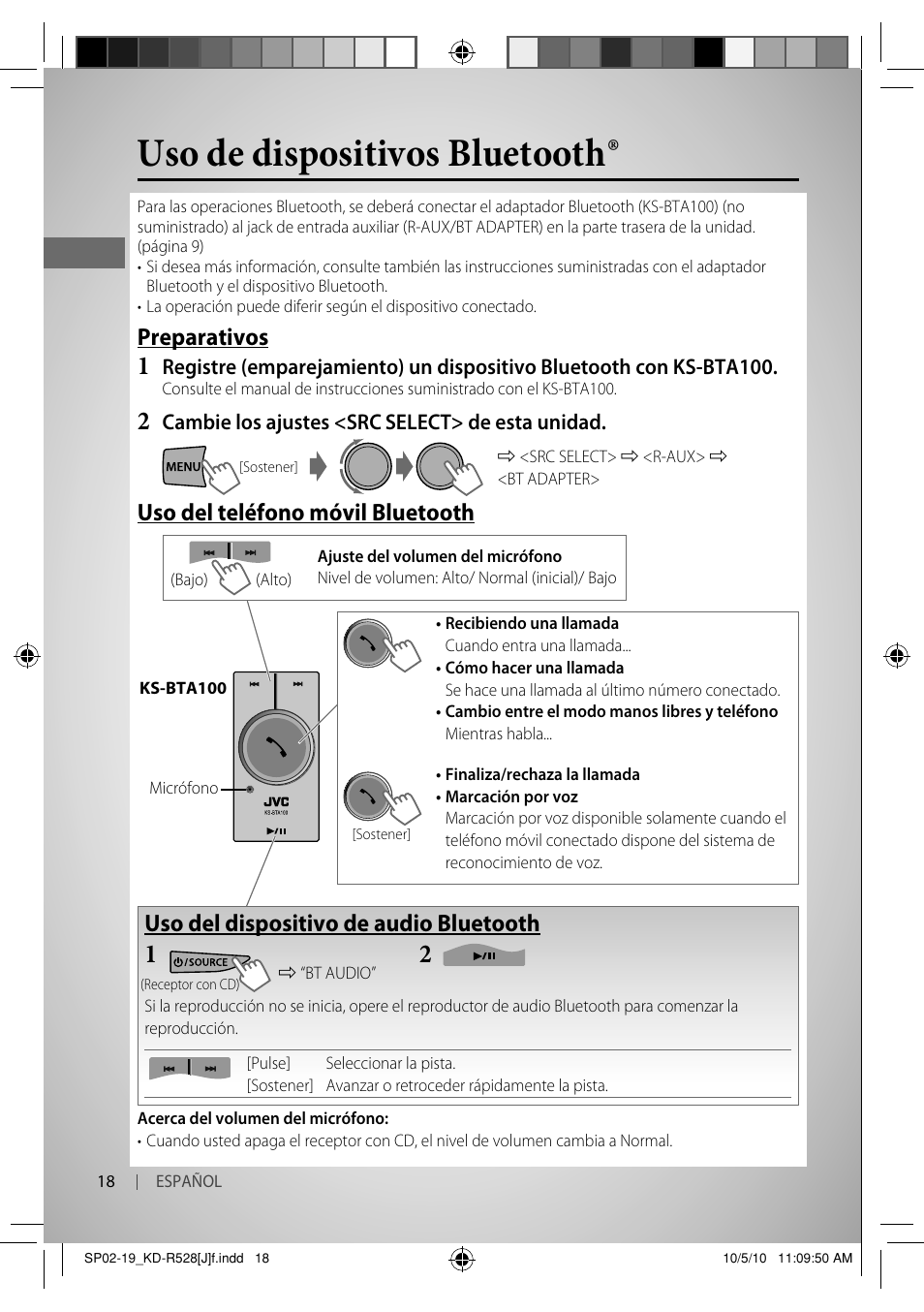 Uso de dispositivos bluetooth, Preparativos, Uso del teléfono móvil bluetooth | Uso del dispositivo de audio bluetooth | JVC 0910DTSMDTJEIN User Manual | Page 36 / 55