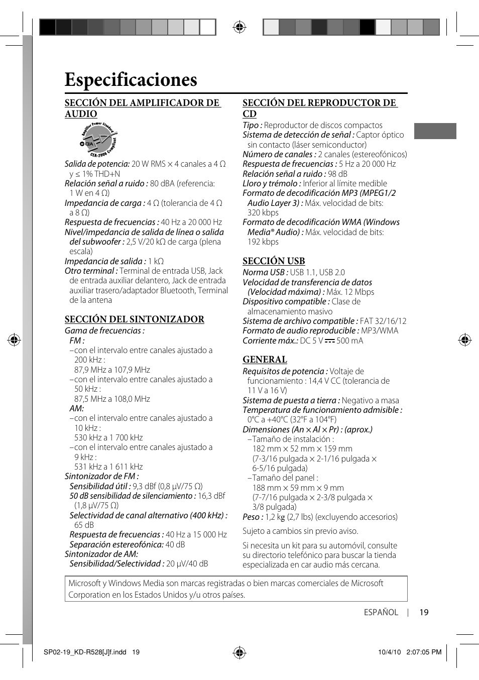 Especificaciones | JVC 0910DTSMDTJEIN User Manual | Page 37 / 55