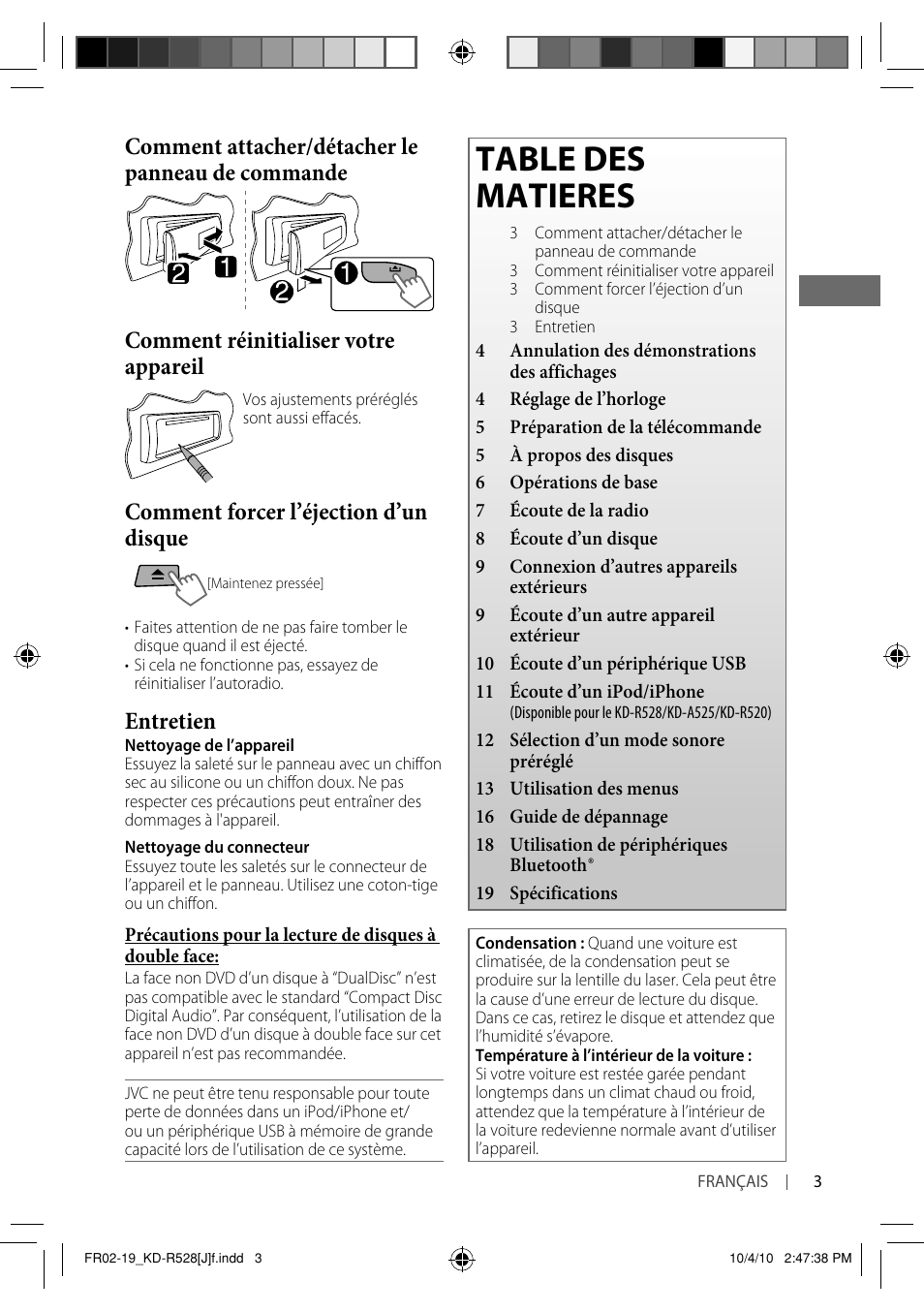 Table des matieres, Comment forcer l’éjection d’un disque, Entretien | JVC 0910DTSMDTJEIN User Manual | Page 39 / 55