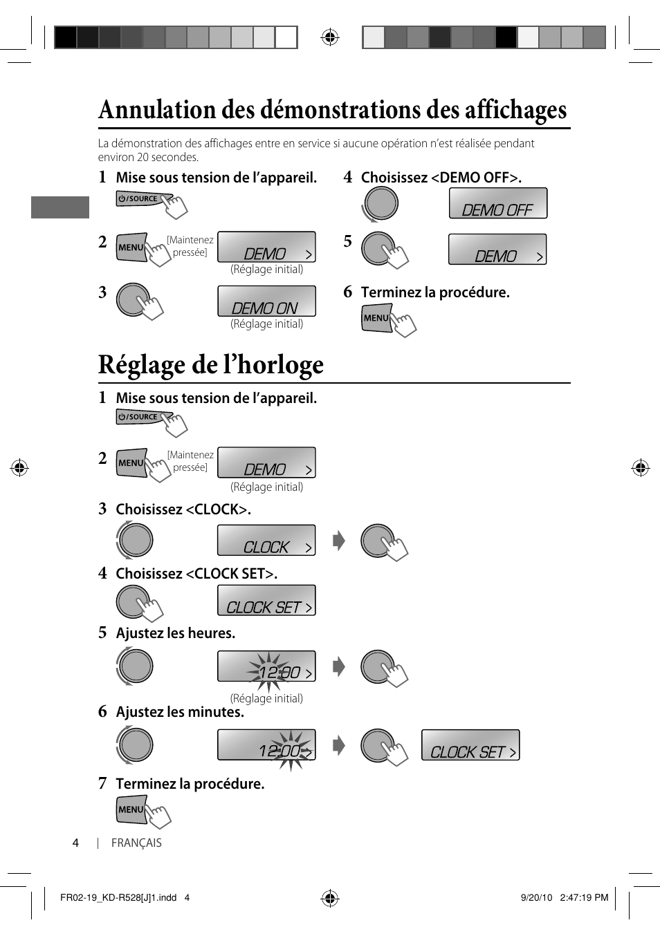 Réglage de l’horloge, Annulation des démonstrations des affichages | JVC 0910DTSMDTJEIN User Manual | Page 40 / 55