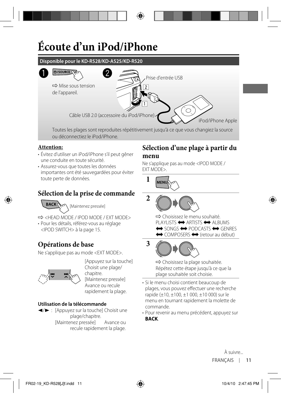 Écoute d’un ipod/iphone, Sélection de la prise de commande, Opérations de base | Sélection d’une plage à partir du menu | JVC 0910DTSMDTJEIN User Manual | Page 47 / 55