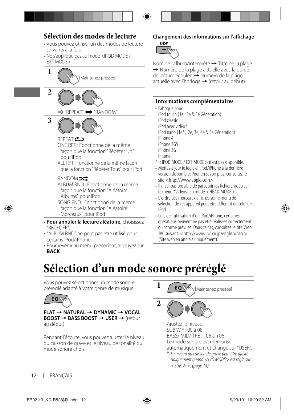 Sélection d’un mode sonore préréglé, Sélection des modes de lecture | JVC 0910DTSMDTJEIN User Manual | Page 48 / 55