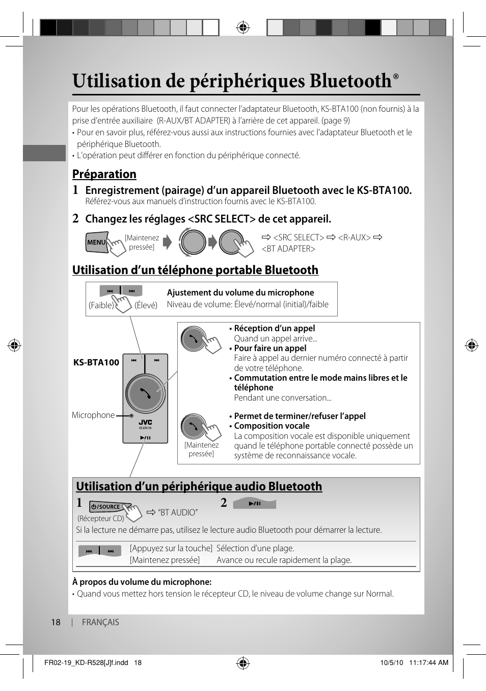 Utilisation de périphériques bluetooth, Préparation, Utilisation d’un téléphone portable bluetooth | Utilisation d’un périphérique audio bluetooth | JVC 0910DTSMDTJEIN User Manual | Page 54 / 55