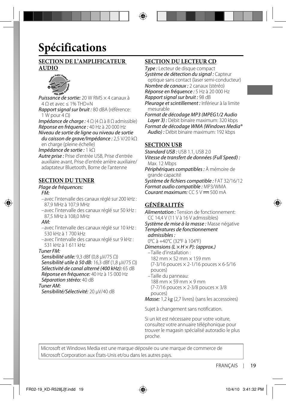 Spécifications | JVC 0910DTSMDTJEIN User Manual | Page 55 / 55