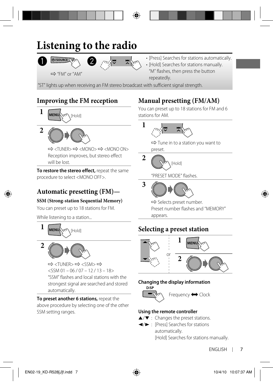 Listening to the radio | JVC 0910DTSMDTJEIN User Manual | Page 7 / 55