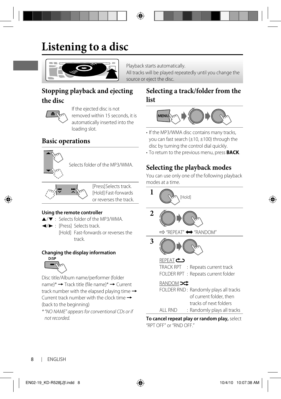 Listening to a disc, Stopping playback and ejecting the disc, Basic operations | Selecting a track/folder from the list, Selecting the playback modes | JVC 0910DTSMDTJEIN User Manual | Page 8 / 55