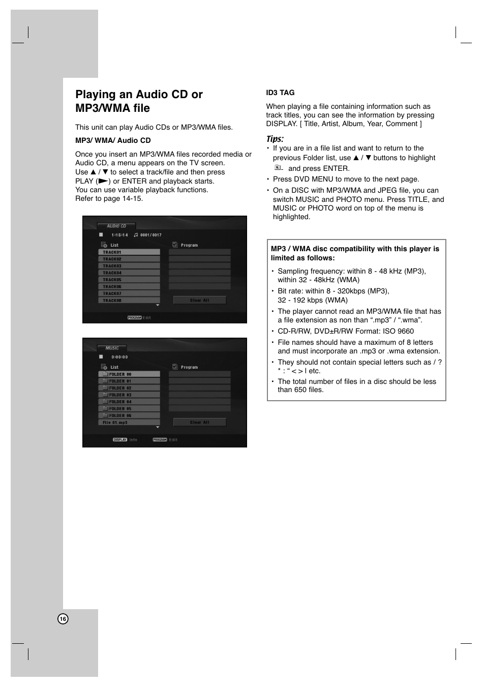 Playing an audio cd or mp3/wma file | JVC XV-N370B User Manual | Page 16 / 97