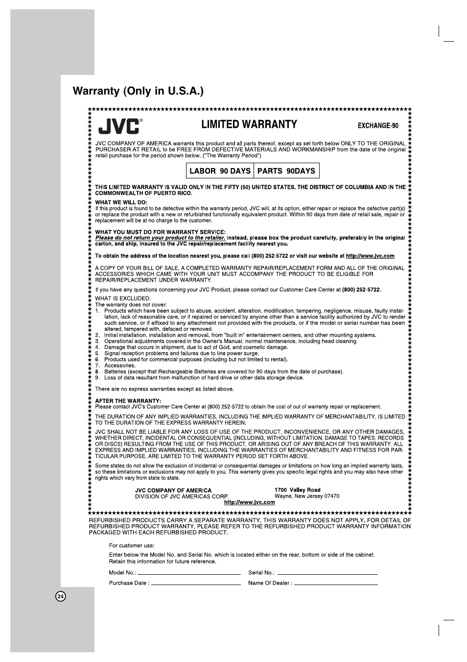 Warranty (only in u.s.a.) | JVC XV-N370B User Manual | Page 24 / 97