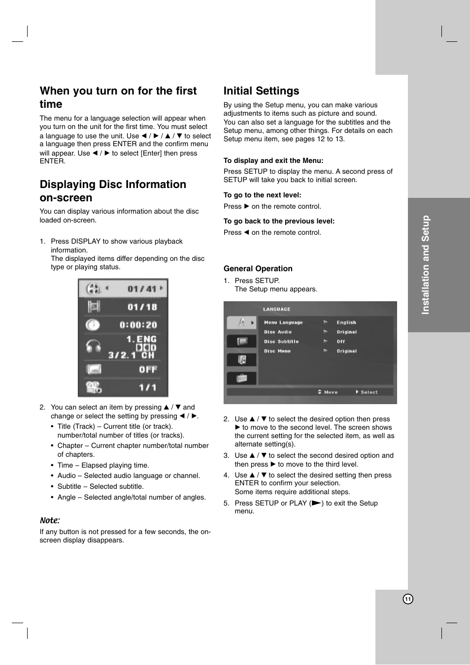 When you turn on for the first time, Displaying disc information on-screen, Initial settings | Operation reference introduction, Installation and setup | JVC XV-N370B User Manual | Page 36 / 97