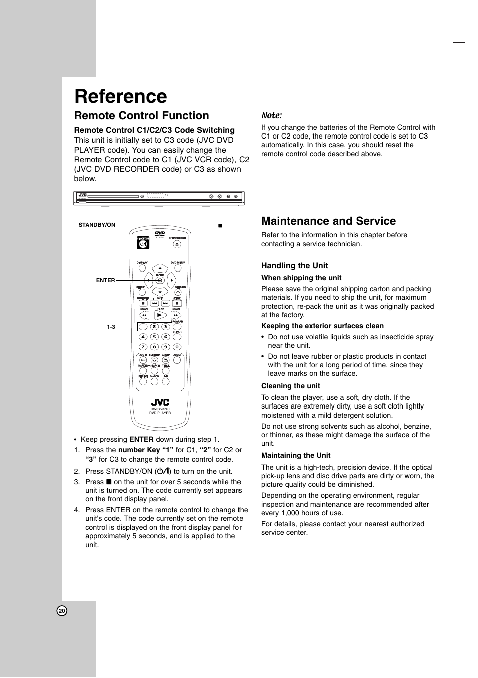 Reference, Remote control function, Maintenance and service | JVC XV-N370B User Manual | Page 45 / 97