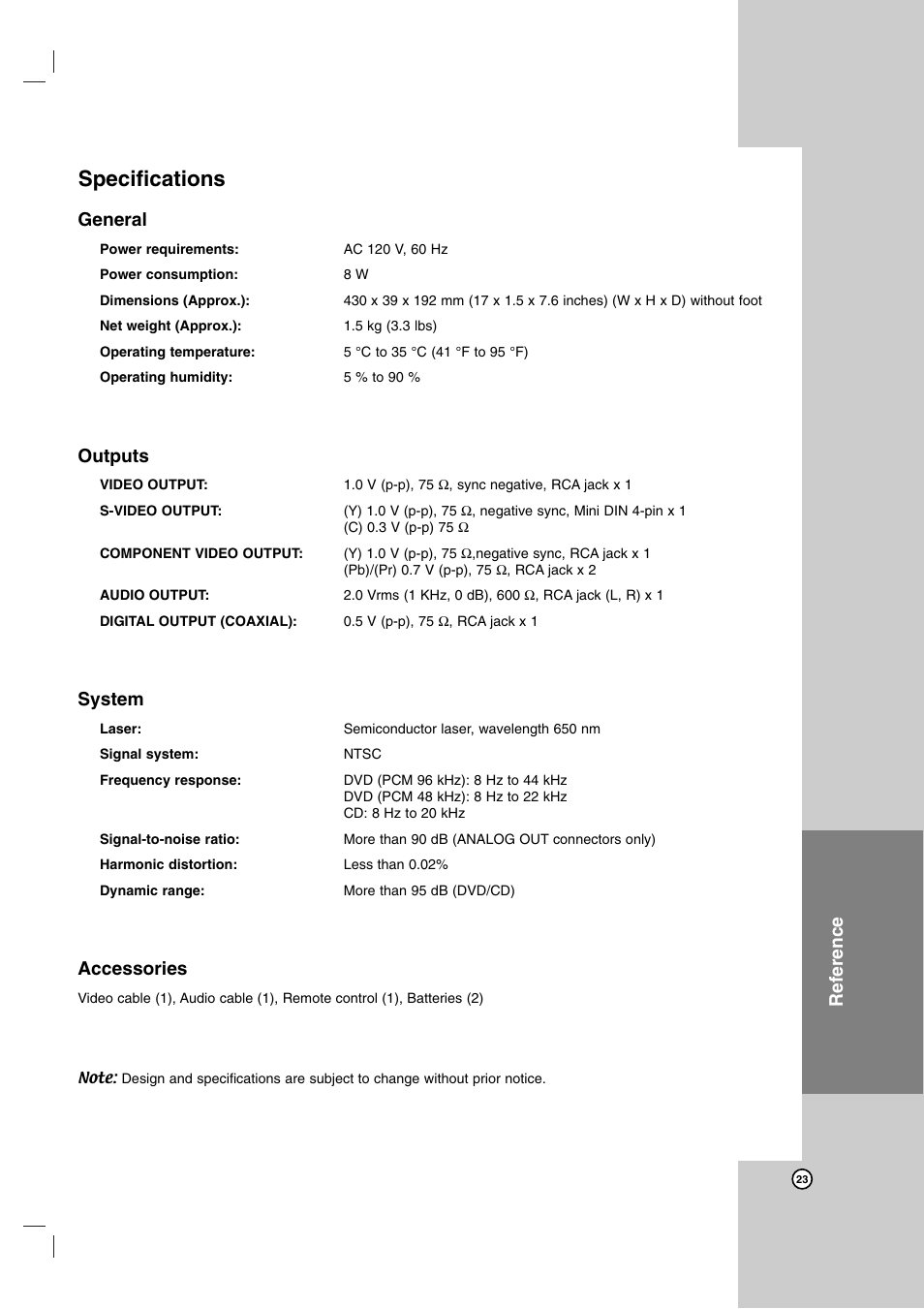 Specifications, Reference general, Outputs | System, Accessories | JVC XV-N370B User Manual | Page 48 / 97