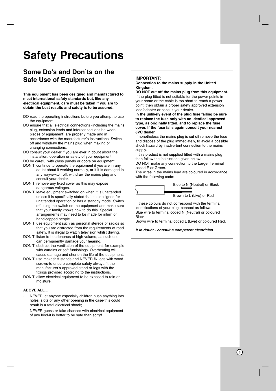 Safety precautions, Some do’s and don’ts on the safe use of equipment | JVC XV-N370B User Manual | Page 52 / 97