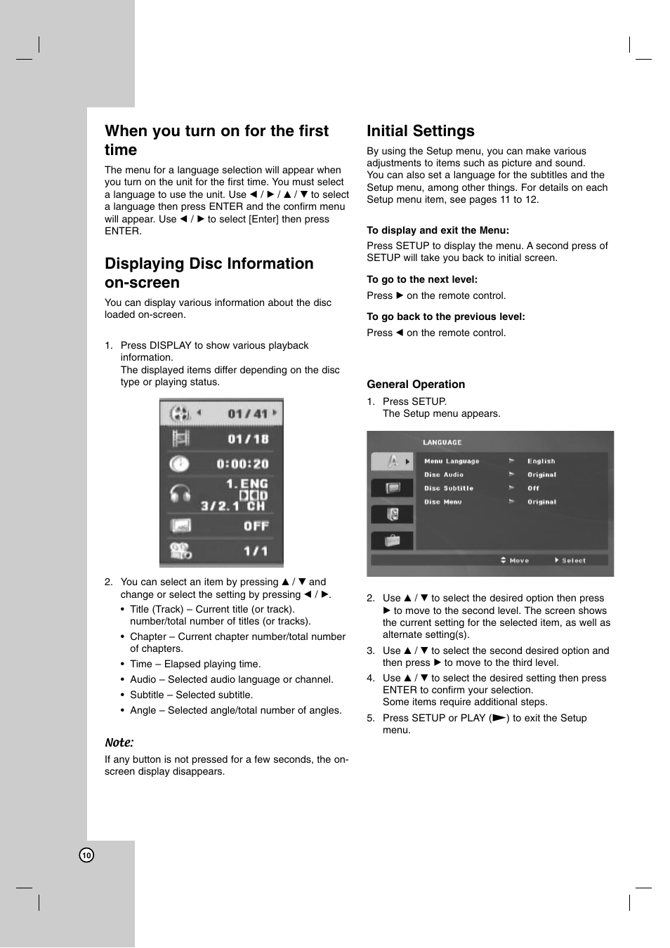 When you turn on for the first time, Displaying disc information on-screen, Initial settings | JVC XV-N370B User Manual | Page 83 / 97