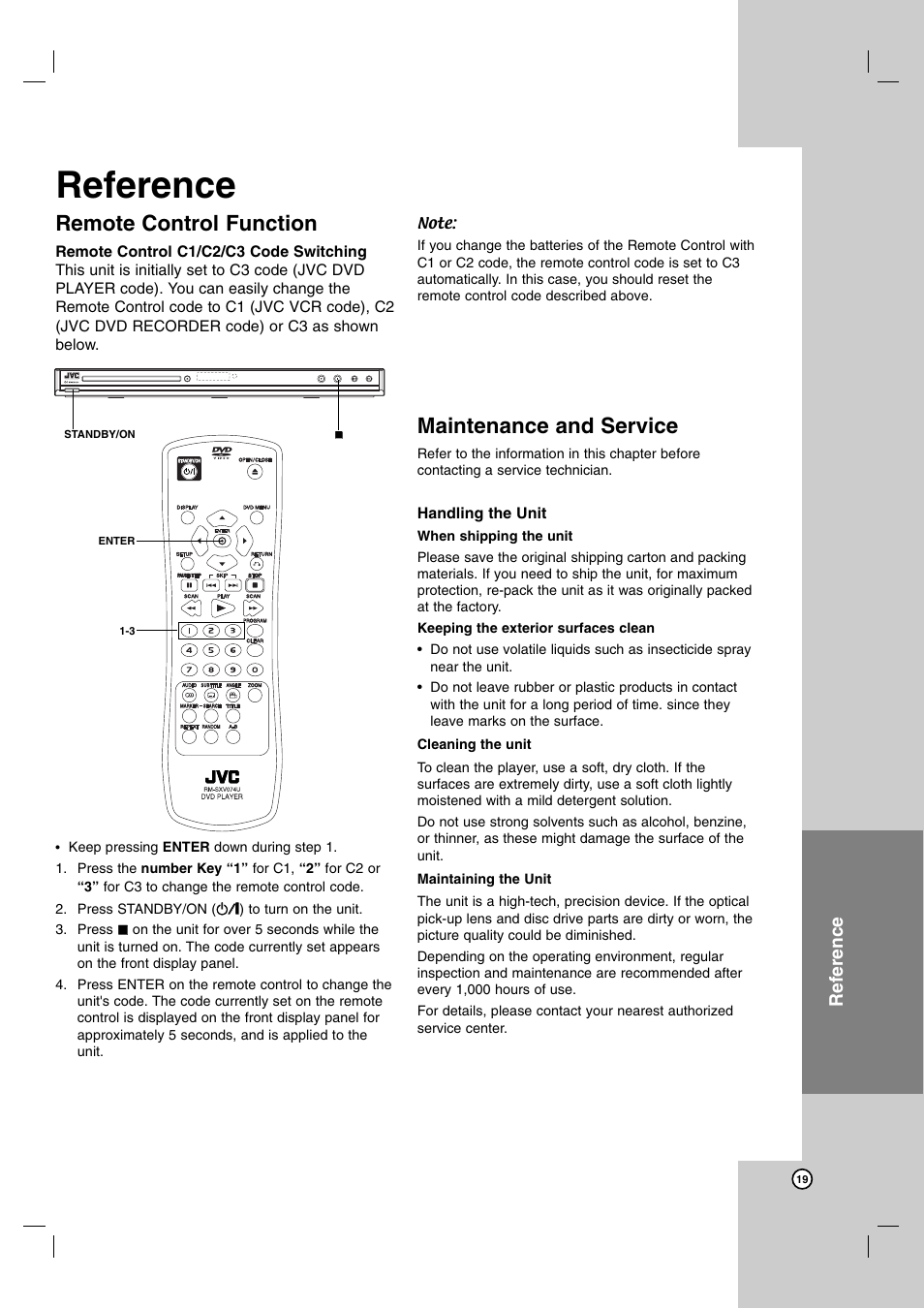 Reference, Remote control function, Maintenance and service | JVC XV-N370B User Manual | Page 92 / 97