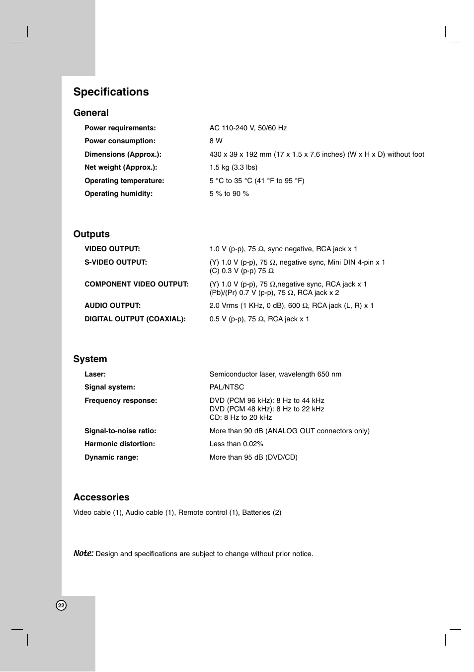 Specifications, General, Outputs | System, Accessories | JVC XV-N370B User Manual | Page 95 / 97