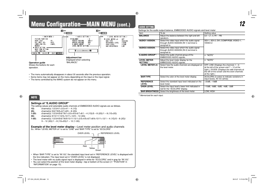 Menu configuration—main menu, Cont.) | JVC DT-V24L3D User Manual | Page 12 / 24