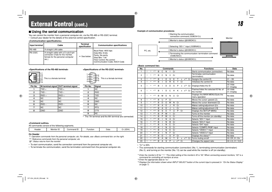 Using the serial communication, External control, Cont.) | 7 using the serial communication | JVC DT-V24L3D User Manual | Page 18 / 24