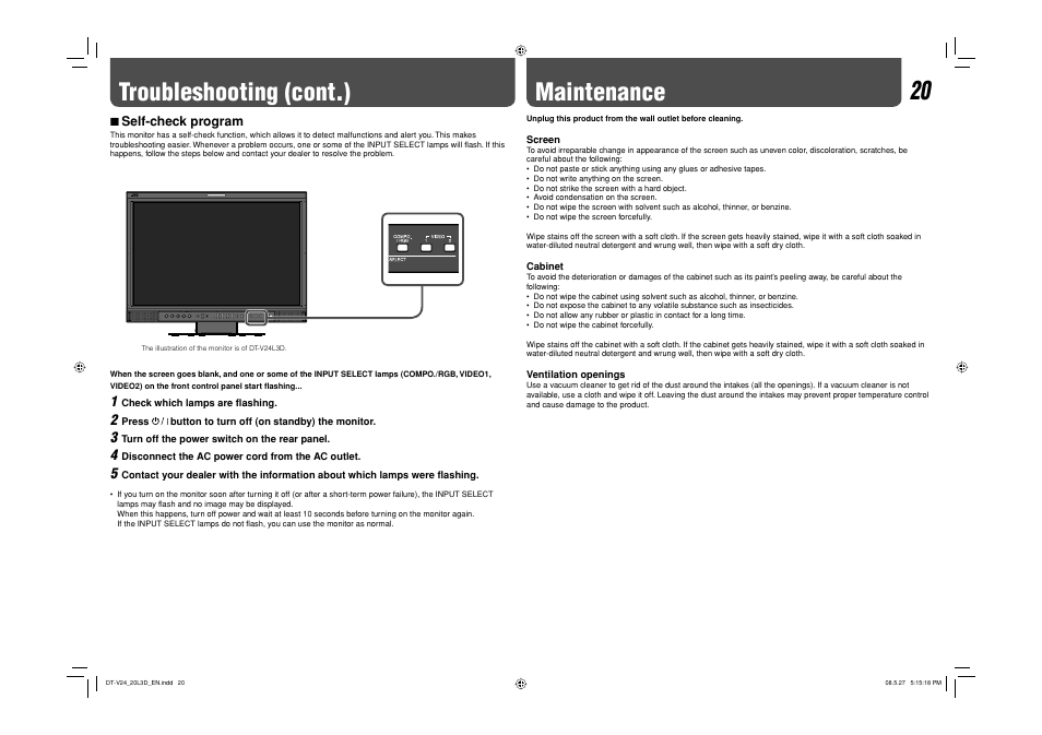 Self-check program, Maintenance, Troubleshooting (cont.) | JVC DT-V24L3D User Manual | Page 20 / 24