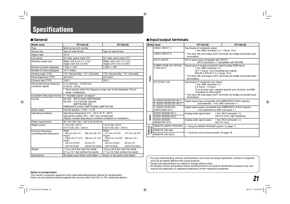 Specifications, General, Input/output terminals | 7 general, 7 input/output terminals | JVC DT-V24L3D User Manual | Page 21 / 24