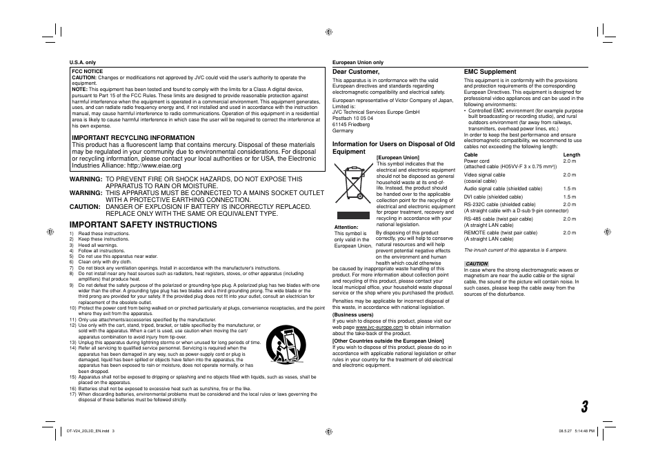 Important safety instructions | JVC DT-V24L3D User Manual | Page 3 / 24