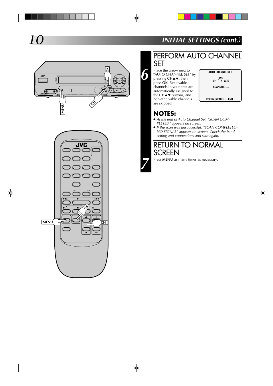 Perform auto channel set, Return to normal screen, Initial settings (cont.) | JVC HR-A22U User Manual | Page 10 / 34