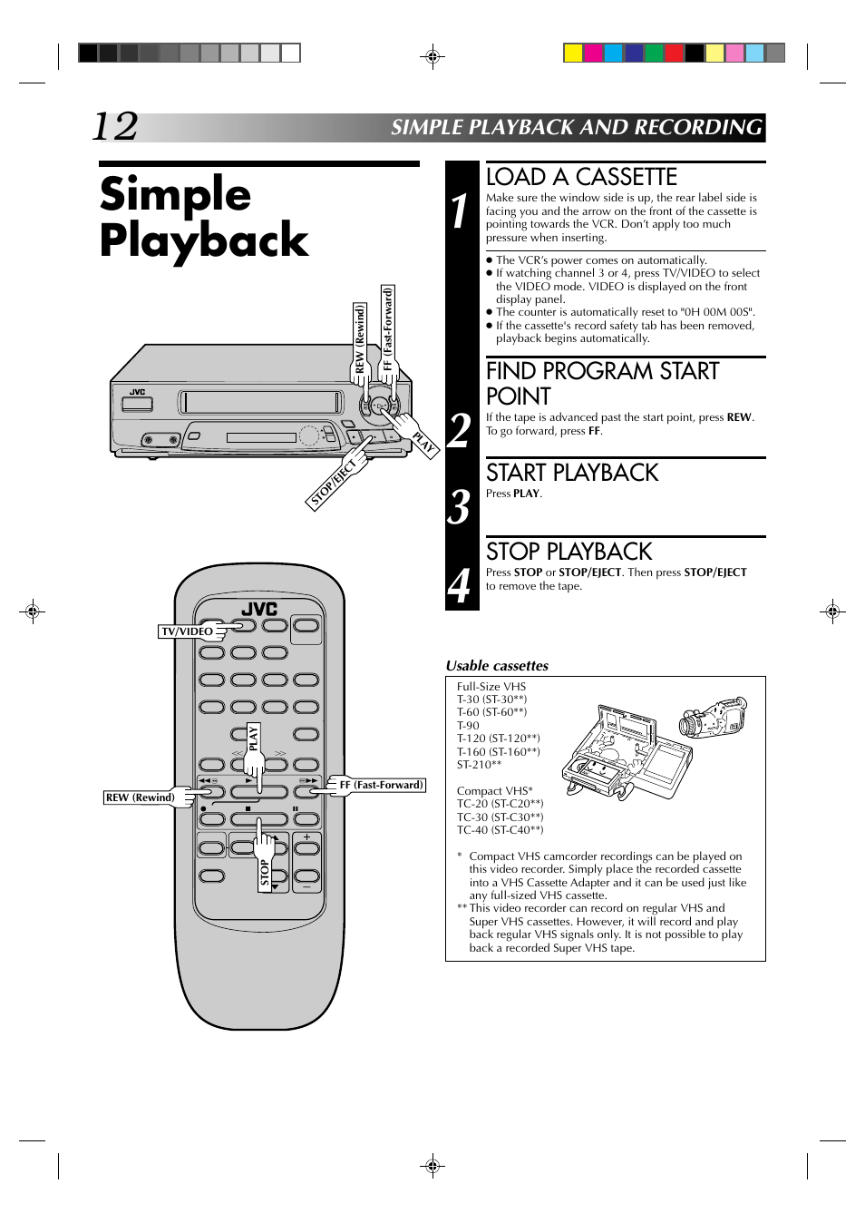 Simple playback, Load a cassette, Find program start point | Start playback, Stop playback, Simple playback and recording | JVC HR-A22U User Manual | Page 12 / 34