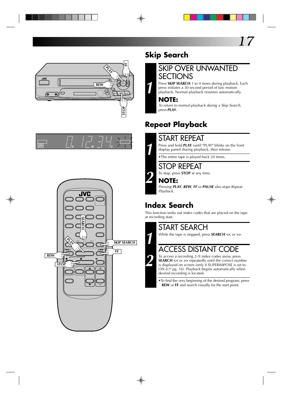 Start search, Access distant code, Start repeat | Stop repeat, Skip search, Index search, Repeat playback | JVC HR-A22U User Manual | Page 17 / 34