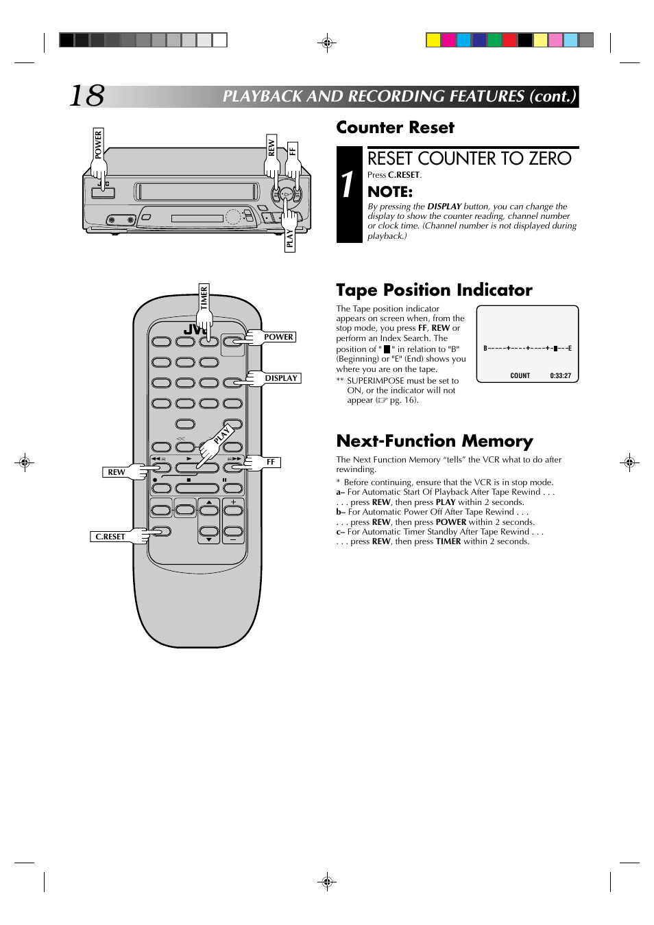 Reset counter to zero, Counter reset, Tape position indicator | Playback and recording features (cont.) | JVC HR-A22U User Manual | Page 18 / 34