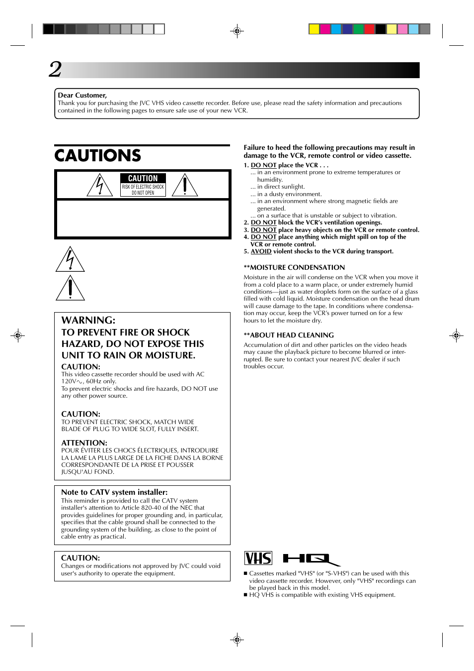 Cautions, Warning | JVC HR-A22U User Manual | Page 2 / 34