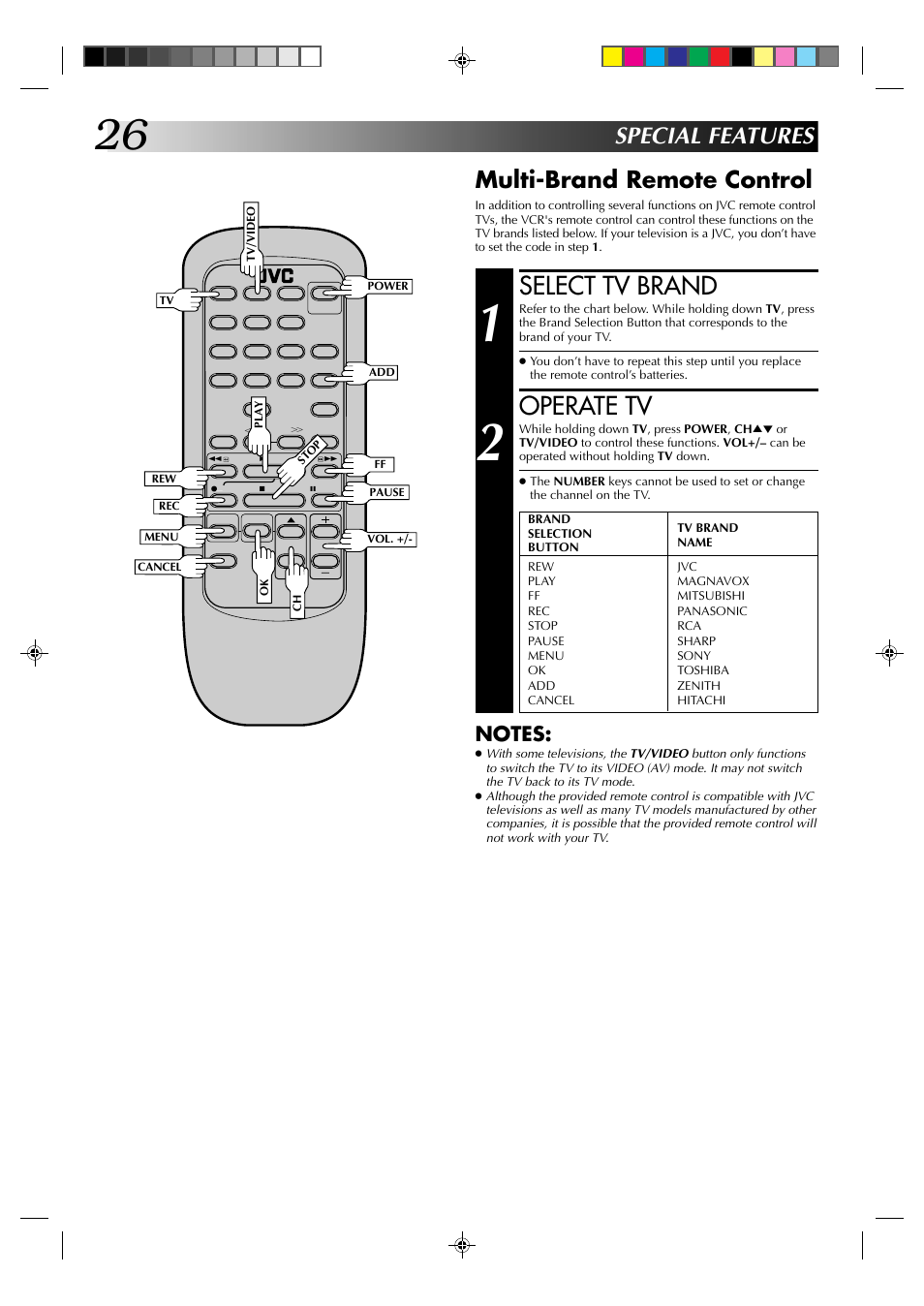 Select tv brand, Operate tv, Multi-brand remote control | Special features | JVC HR-A22U User Manual | Page 26 / 34