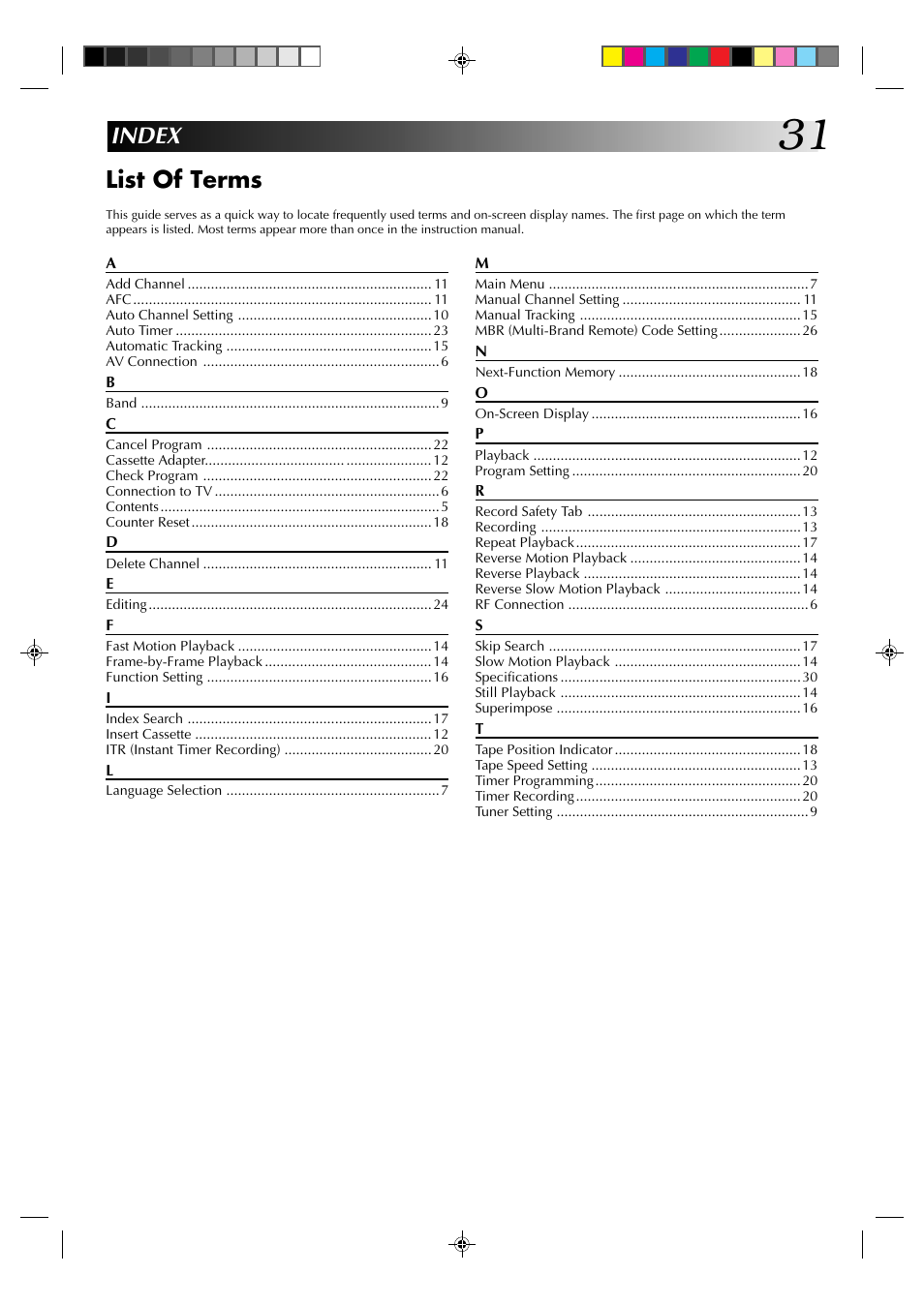 Index list of terms | JVC HR-A22U User Manual | Page 31 / 34