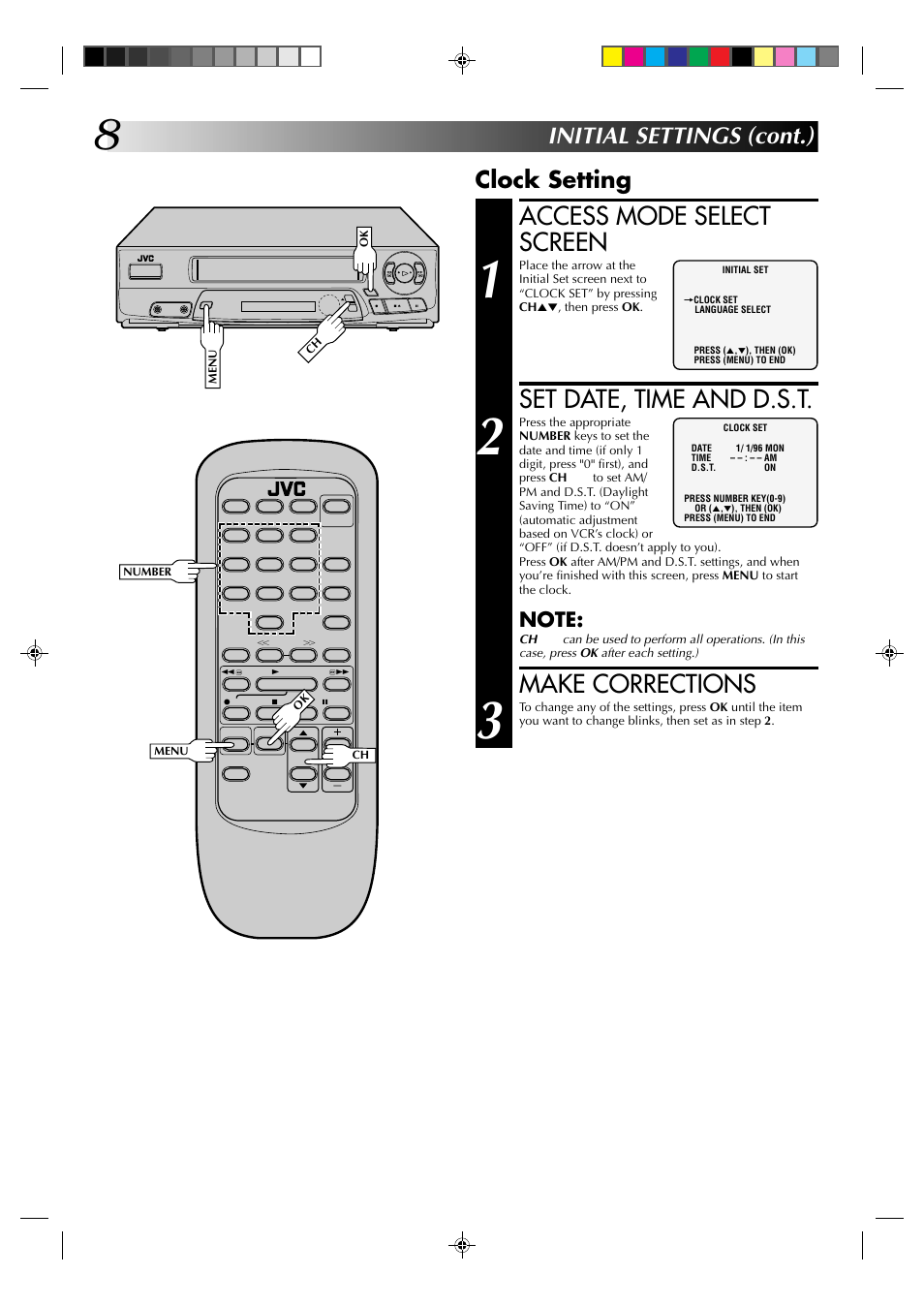 Access mode select screen, Set date, time and d.s.t, Make corrections | Clock setting, Initial settings (cont.) | JVC HR-A22U User Manual | Page 8 / 34