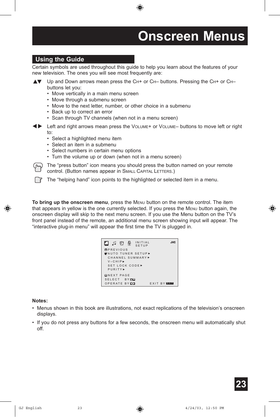 Onscreen menus, Using the guide | JVC AV 32FA44 User Manual | Page 23 / 56